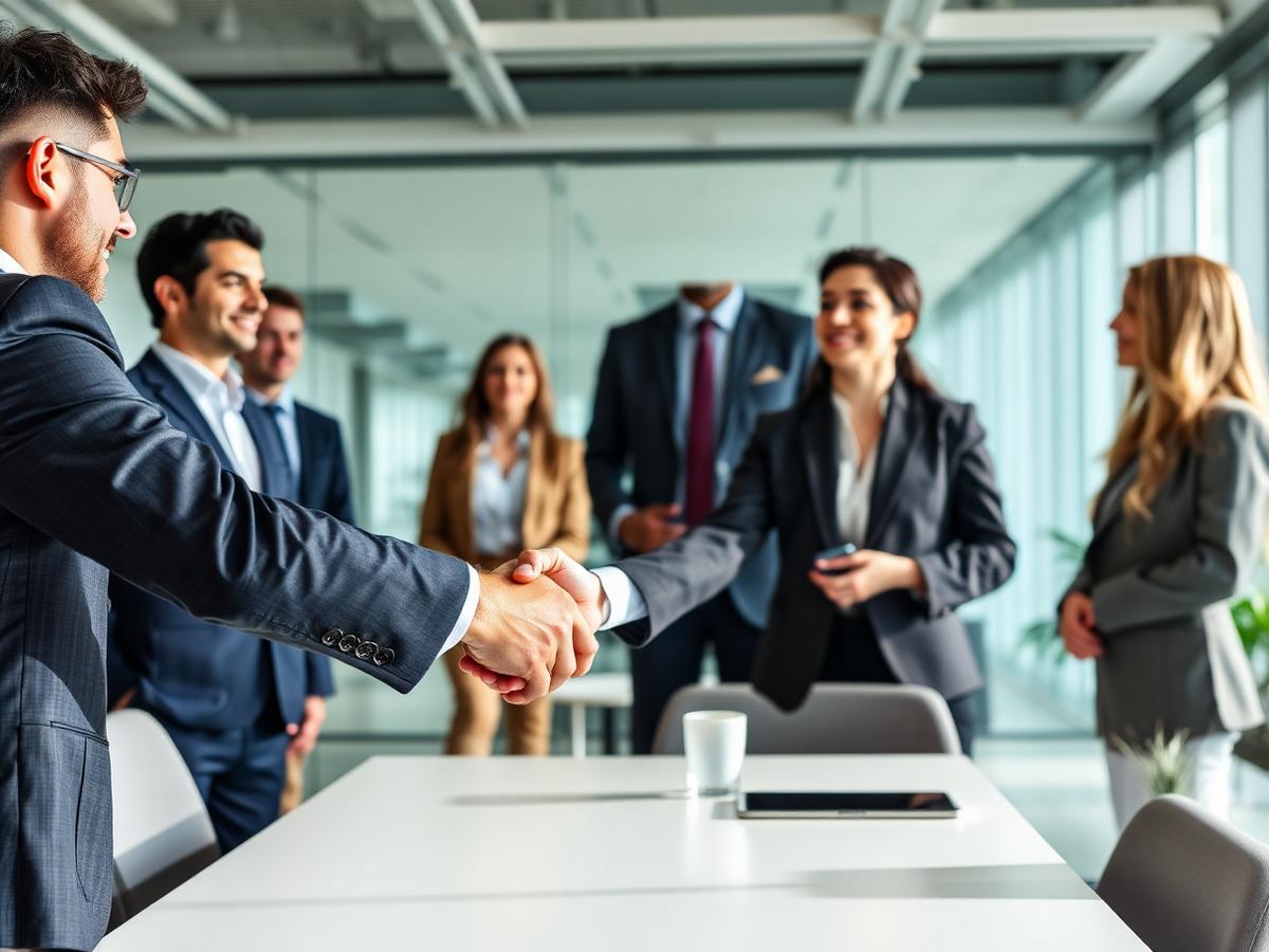 Professionals shaking hands in a modern office